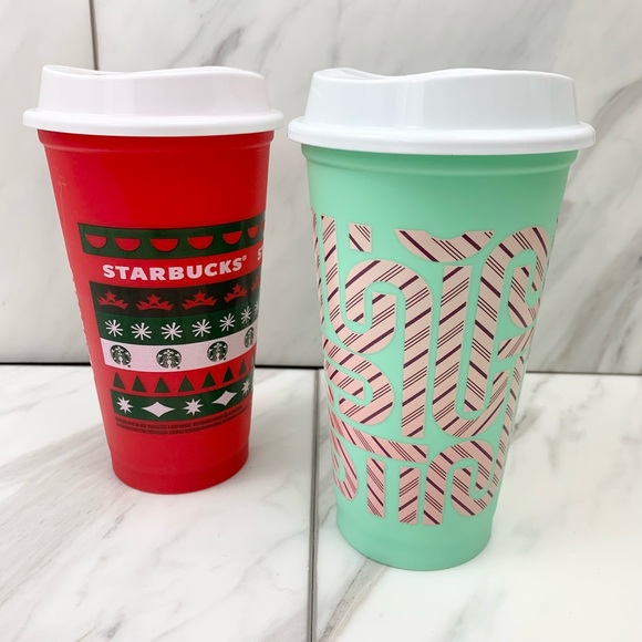 Limited Edition Starbucks Reusable Holiday Plastic Hot Cups Set of Two